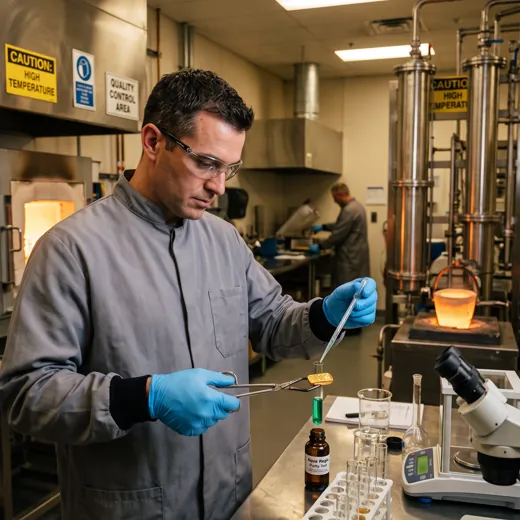 Fire assay cupels loaded into a furnace for purity testing